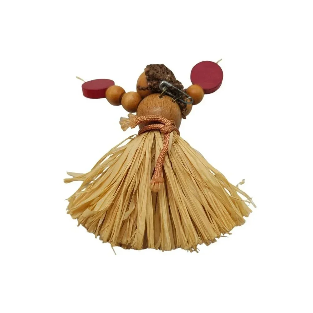 Hula Girl Brown Wood Grass Skirt Pin Brooch Multicolor Vintage - Picture 4 of 5